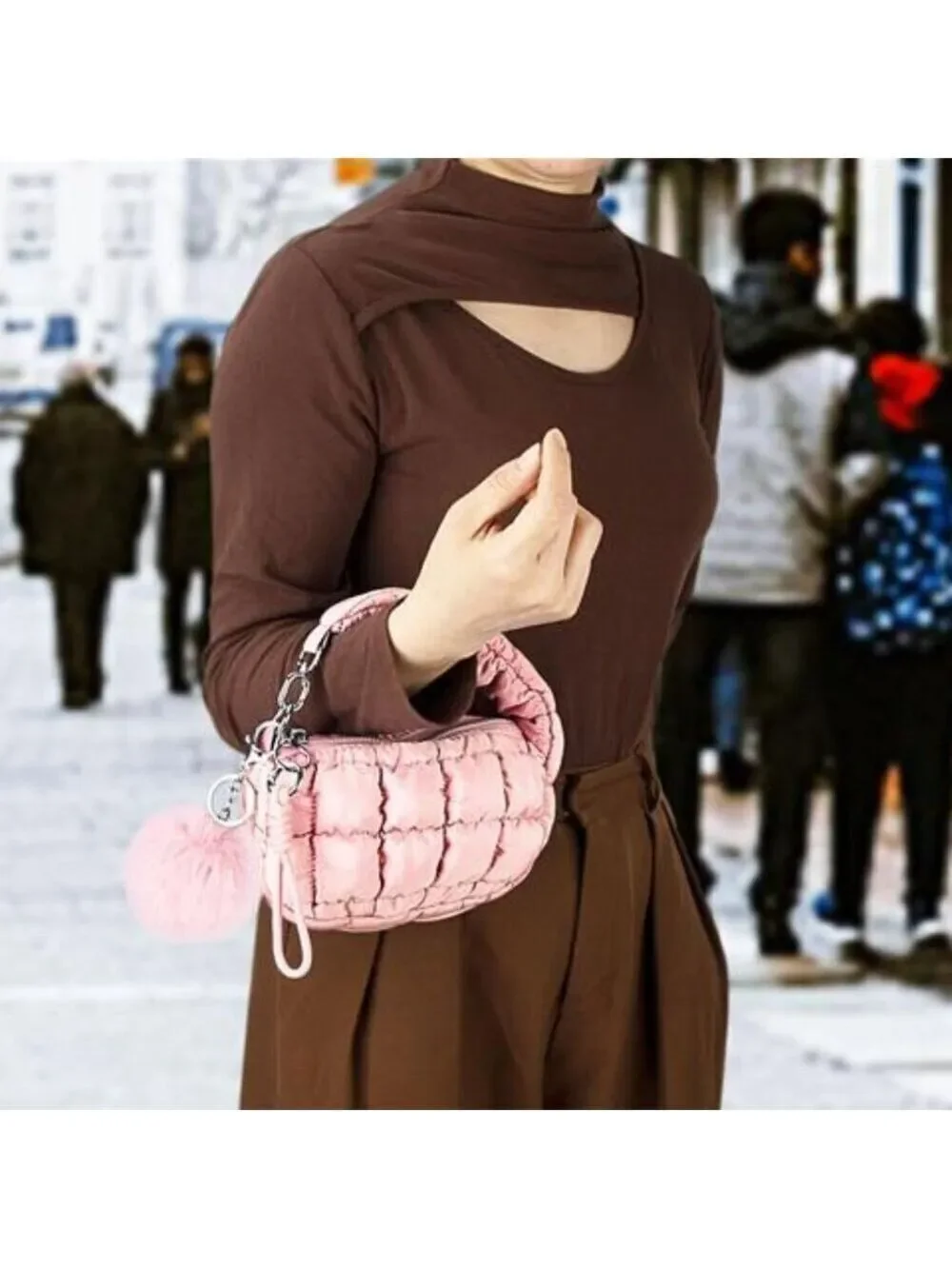 Women Pink Quilted Wristlet Bag Puffer Handbags Purse